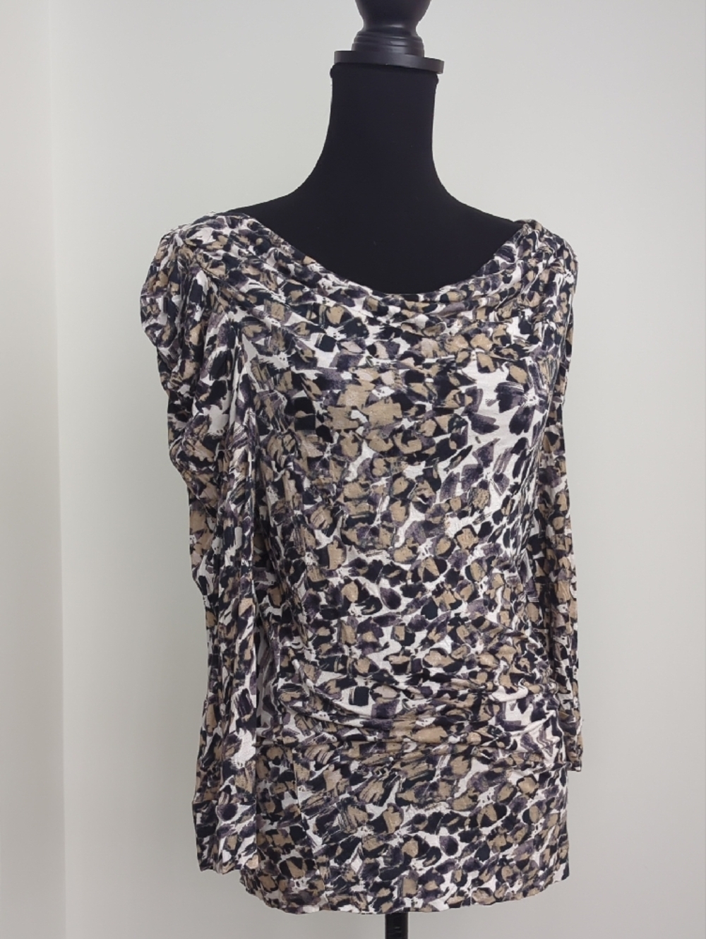Leifsdottir Abstract Animal Print Ruched Cowl Neck Blouse Top MEDIUM